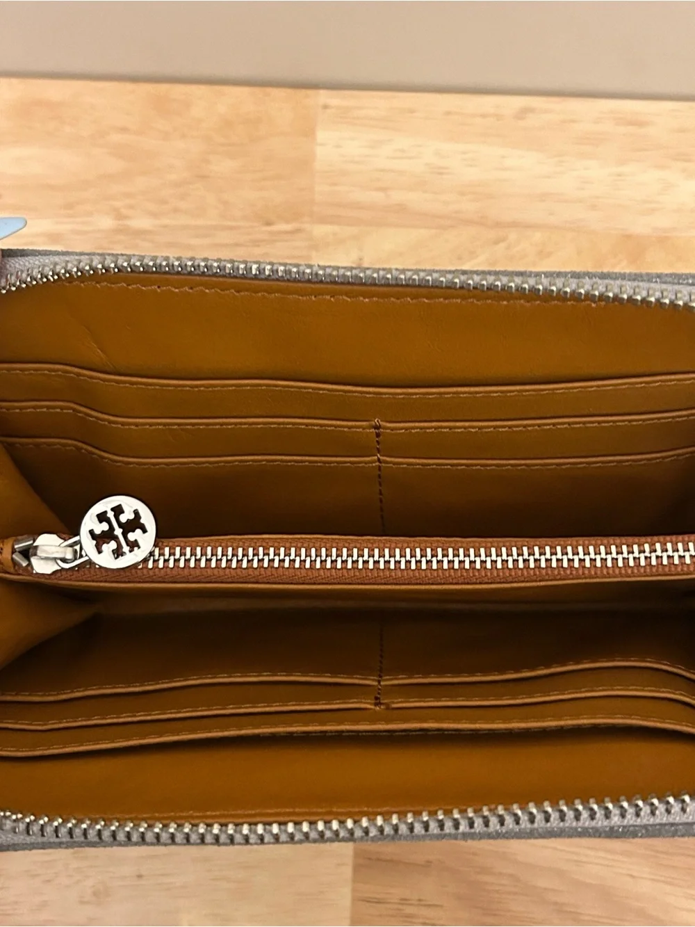 Tory Burch Silver Metallic Logo Zip Wallet